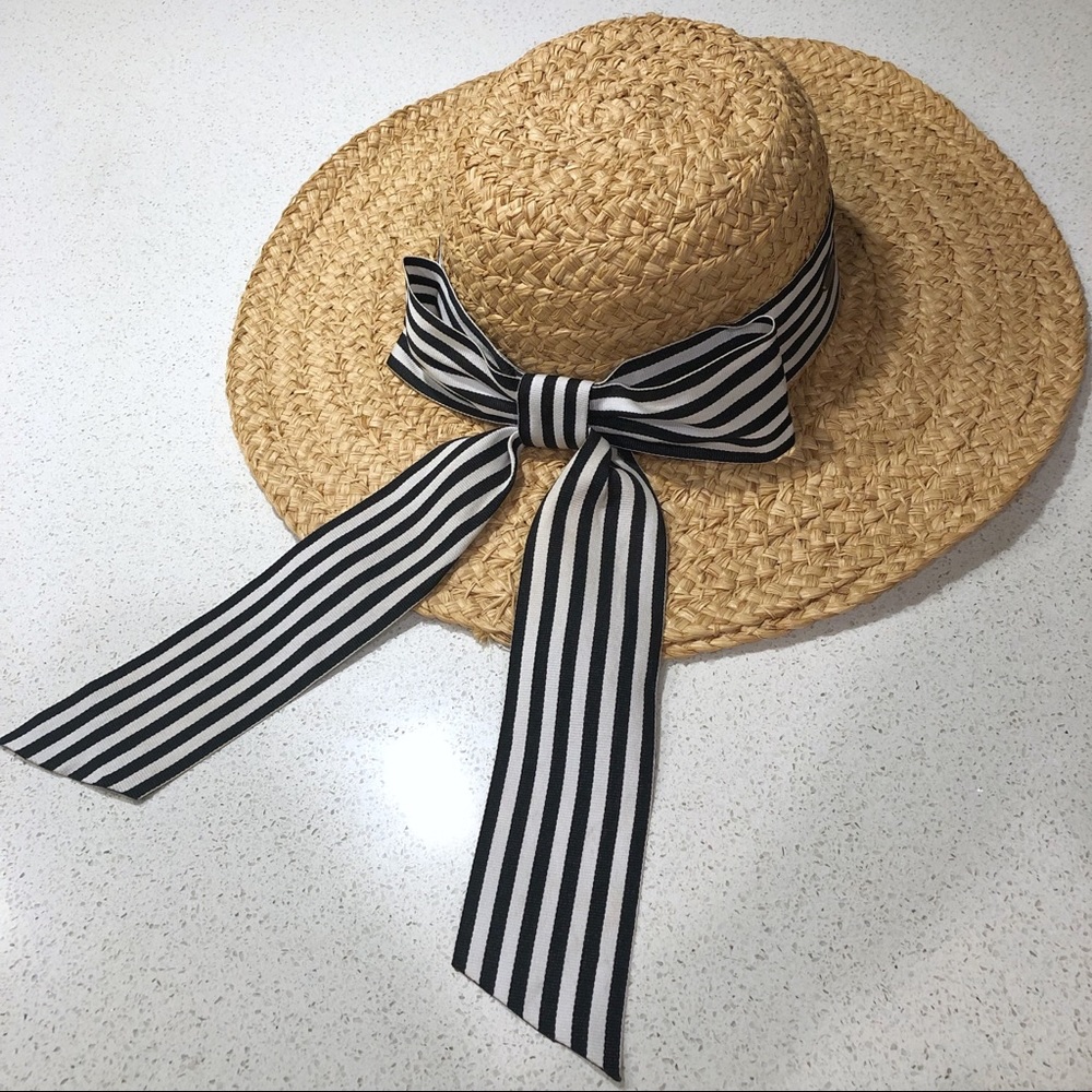 Liz Claiborne Straw Sun Floppy Hat with Big Striped Bow